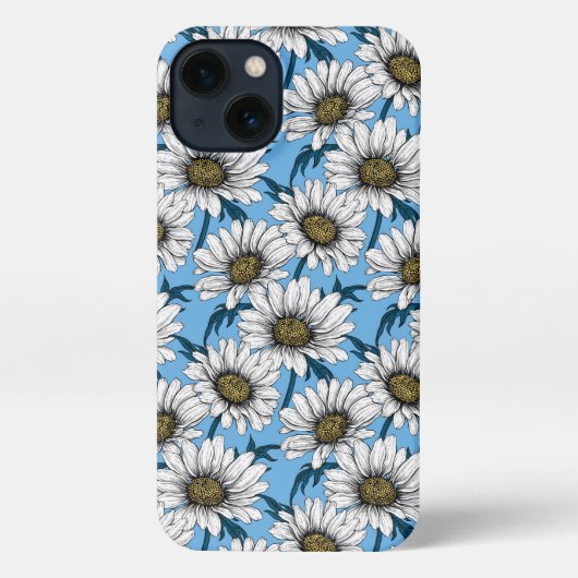 Daisies, wilde bloemen op blauw iPhone hoesje (Achterkant)