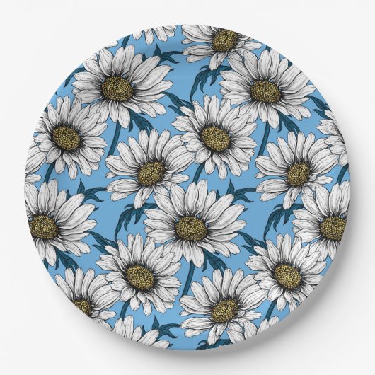 Daisies, wilde bloemen op blauw papieren bordje (Voorkant)