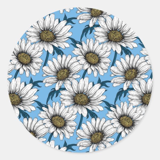 Daisies, wilde bloemen op blauw ronde sticker (Voorkant)