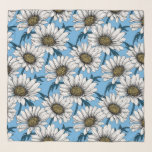 Daisies, wilde bloemen op blauw sjaal<br><div class="desc">Handgetrokken vectorpatroon met witte daisbloemen</div>