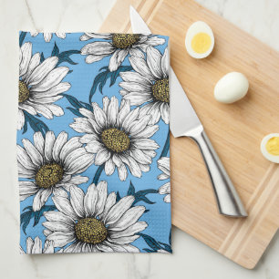 Daisies, wilde bloemen op blauw theedoek