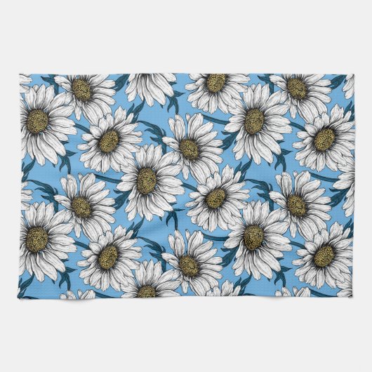 Daisies, wilde bloemen op blauw theedoek (Horizontaal)