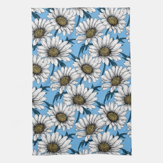 Daisies, wilde bloemen op blauw theedoek (Verticaal)