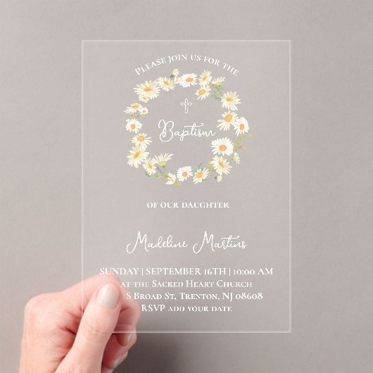daisies wreath Baptism Invitation Acryl Uitnodigingen (Insitu (Draagbaar))