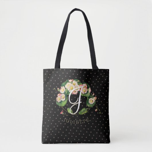 Daisies Wreath Monogram Elegant Black Tote Bag (Voorkant)