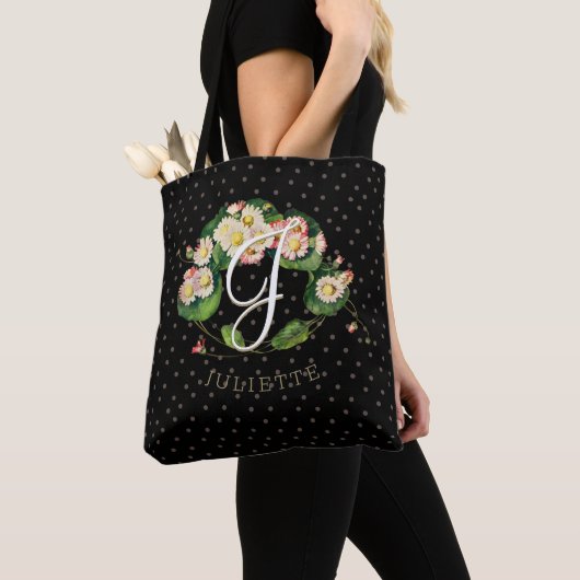  Daisies Wreath Monogram Elegant Black Tote Bag (Dichtbij)