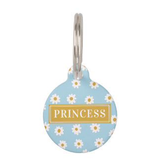Daisies Yellow en Sky Blue Round Pet Tag Huisdierpenning