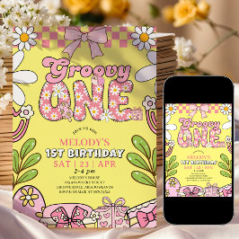Daisy 1e verjaardag Roze en Geel Retro Verjaardag  Kaart