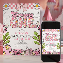 Daisy 1e verjaardag Roze Retro verjaardagsuitnodig Kaart