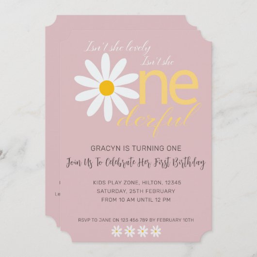 Daisy 1st Birthday Invite Lovely Mauve Kaart (Voorkant / Achterkant)
