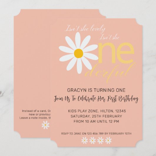 Daisy 1st Lovely One Birthday Invite Kaart (Voorkant / Achterkant)