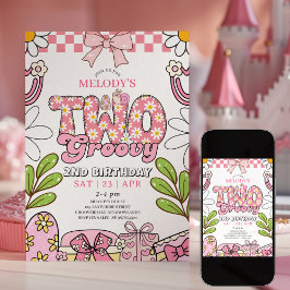 Daisy 2e verjaardag Roze Retro verjaardagsuitnodig Kaart