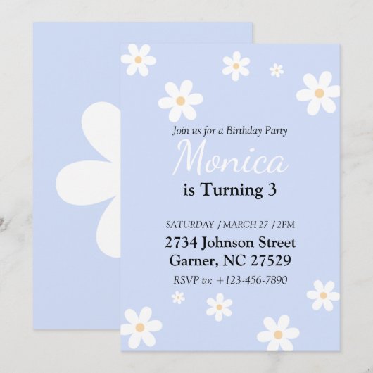 Daisy 3rd Birthday Invitation Flower Kaart (Voorkant / Achterkant)