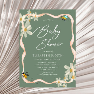 Daisy and Bees Floral Green Baby shower Kaart