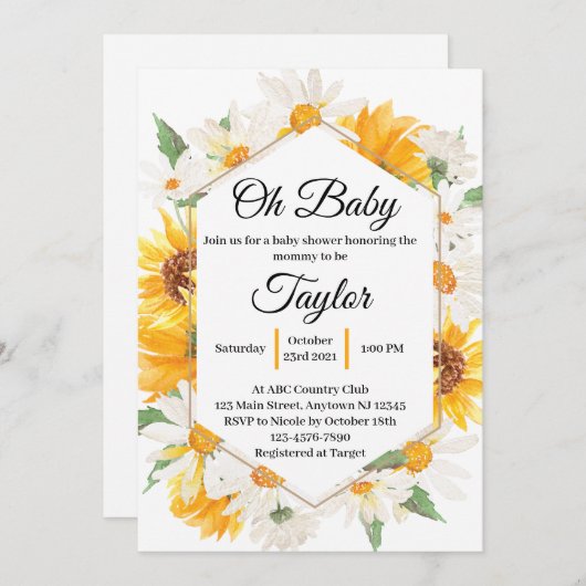 Daisy and Sunflower Baby shower Invitation Kaart (Voorkant / Achterkant)