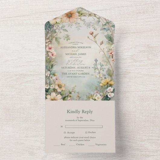 Daisy Art Nouveau Mucha bruiloft All In One Uitnodiging (Binnen)