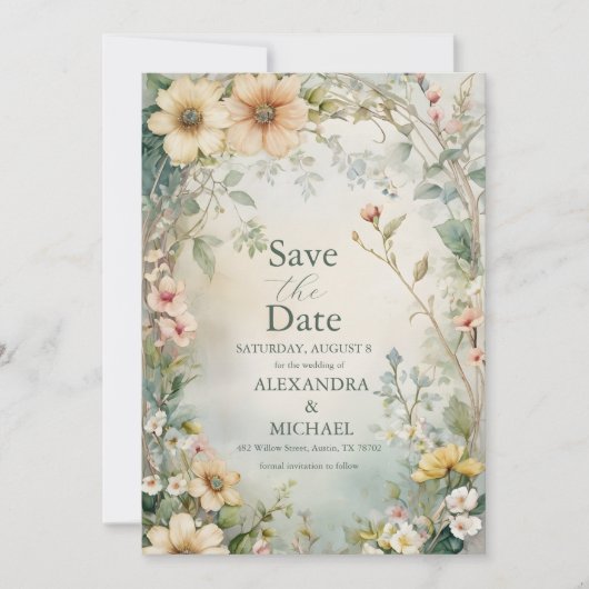  Daisy Art Nouveau Mucha bruiloft Save The Date (Voorkant)