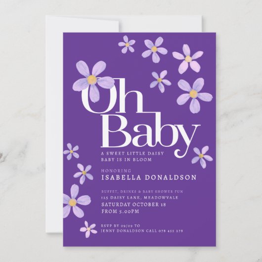 Daisy baby shower baby oh paarse uitnodigingen (Voorkant)