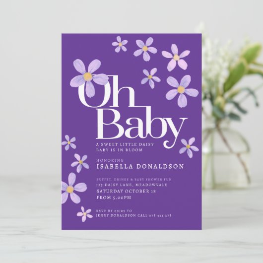 Daisy baby shower baby oh paarse uitnodigingen (Staand voorkant)