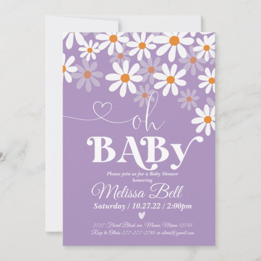 Daisy Baby shower Invitation Purpl Boho Retro Dais Kaart (Voorkant)
