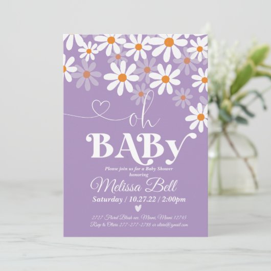 Daisy Baby shower Invitation Purpl Boho Retro Dais Kaart (Staand voorkant)