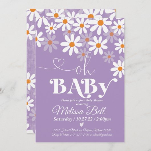 Daisy Baby shower Invitation Purpl Boho Retro Dais Kaart (Voorkant / Achterkant)