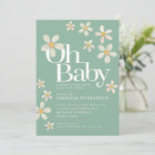 Daisy baby shower oh baby crème groene uitnodiging (Staand voorkant)