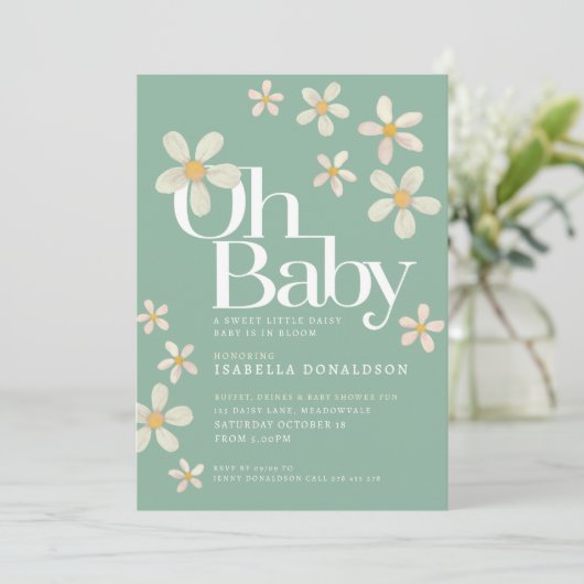 Daisy baby shower oh baby crème groene uitnodiging (Staand voorkant)