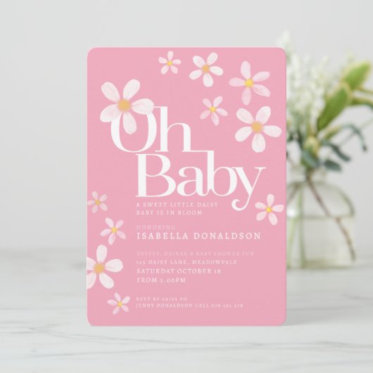 Daisy baby shower oh baby roze geel wit kaart (Staand voorkant)