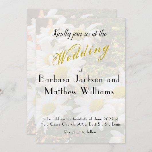 Daisy Background stromend Yellow Script Wedding Kaart (Voorkant / Achterkant)