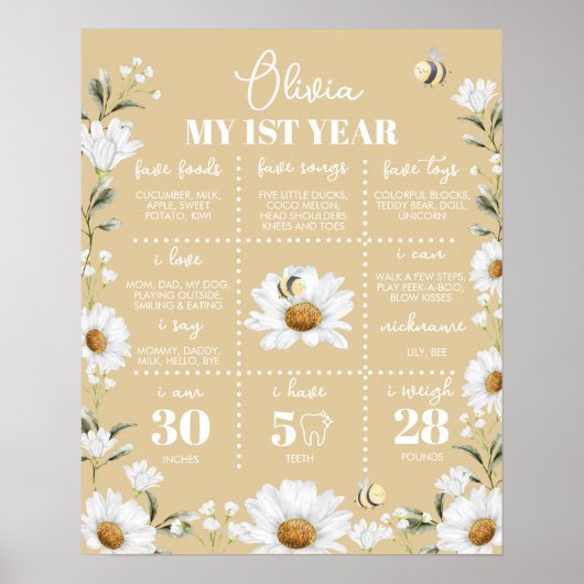  Daisy Bee Eerste Verjaardag Mijlpaal teken Poster (Voorkant)