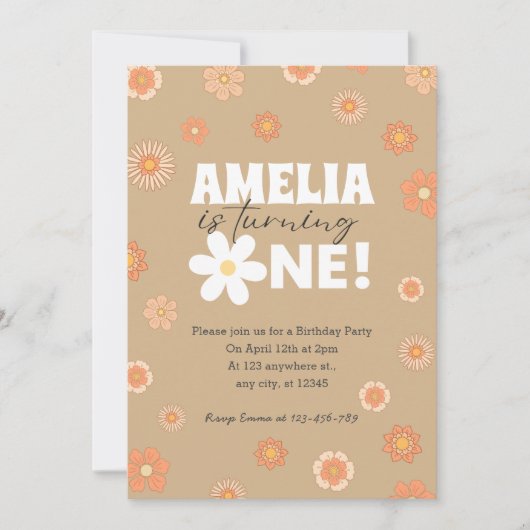 Daisy Beige Eerste Verjaardag Uitnodiging (Voorkant)