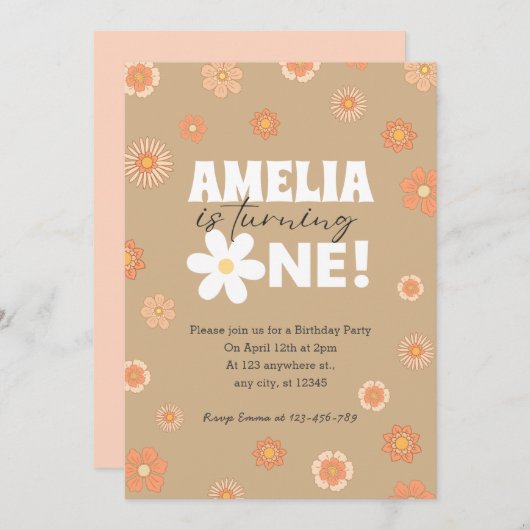 Daisy Beige Eerste Verjaardag Uitnodiging (Voorkant / Achterkant)