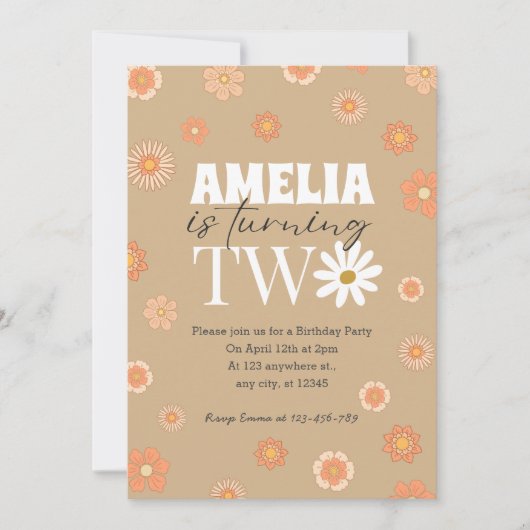 Daisy Beige Twee Uitnodiging voor de 2e Verjaardag (Voorkant)