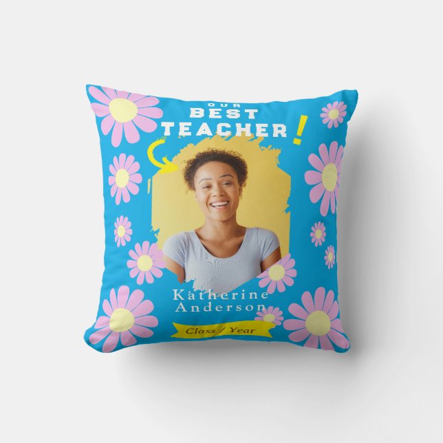 Daisy Beste Leraar Foto Blauw Kussen (Voorkant)