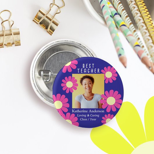 Daisy Beste Leraar Foto Donkerpaars Ronde Button 3,2 Cm