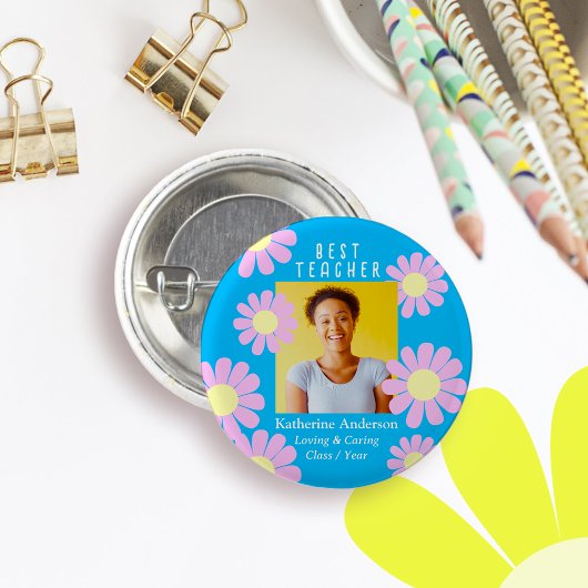 Daisy Beste Leraar Foto Helder Blauwe Knop Ronde Button 3,2 Cm