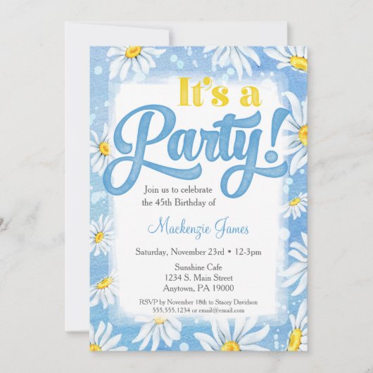 Daisy Birthday Invitation Blue Yellow Floral Kaart (Voorkant)