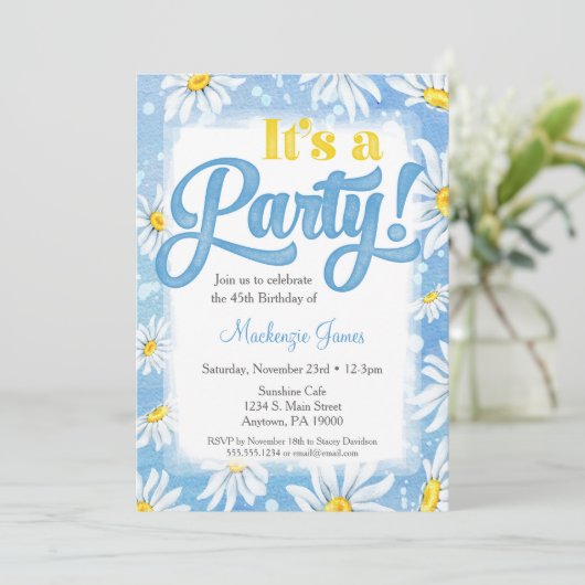 Daisy Birthday Invitation Blue Yellow Floral Kaart (Staand voorkant)