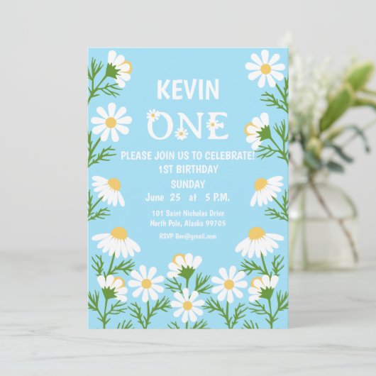 Daisy Birthday Party Boho One 1st Birthday Invitat Kaart (Staand voorkant)