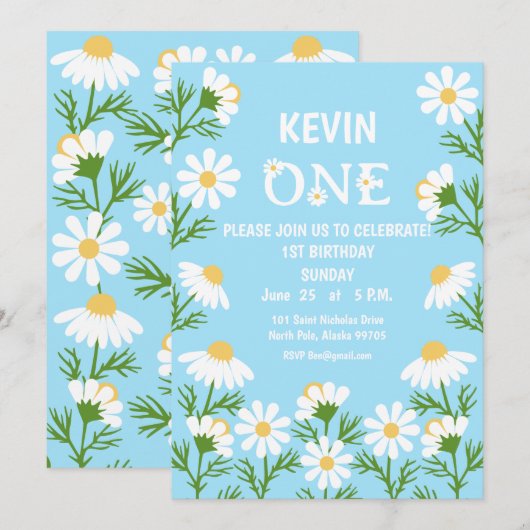 Daisy Birthday Party Boho One 1st Birthday Invitat Kaart (Voorkant / Achterkant)