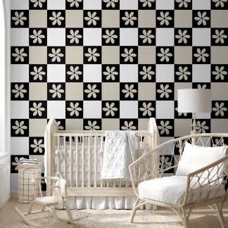 Daisy Black And Neutral Retro Checkerboard Behang