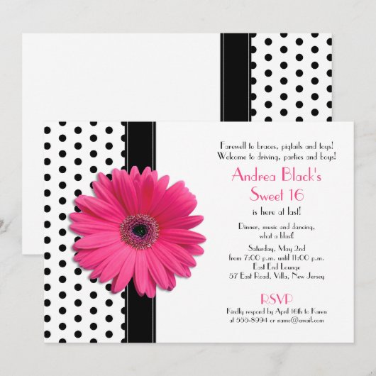 Daisy Black White Polka Dot Sweet 16 Uitnodiging (Voorkant / Achterkant)