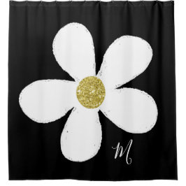 Daisy Black White Simple Floral Gold Personal Douchegordijn