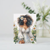 Daisy Black Woman Curly Hair Summer Watercolor Briefkaart (Staand voorkant)