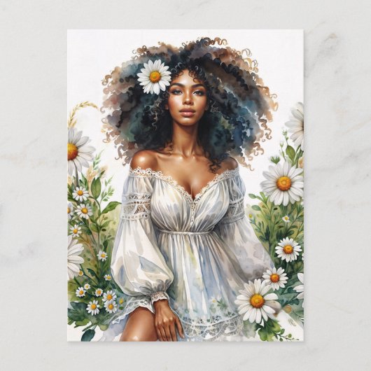 Daisy Black Woman Curly Hair Summer Watercolor Briefkaart (Voorkant)