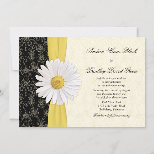 Daisy Black Yellow, ivoor Wedding Invitation Kaart (Voorkant)