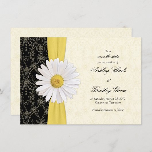 Daisy Black Yellow, Ivory Wedding Save the Date (Voorkant / Achterkant)