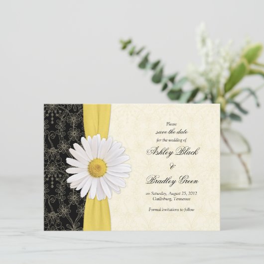 Daisy Black Yellow, Ivory Wedding Save the Date (Staand voorkant)