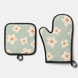 Daisy bloem bloemengroen patroon pastel kleuren ovenwant & pannenlap set